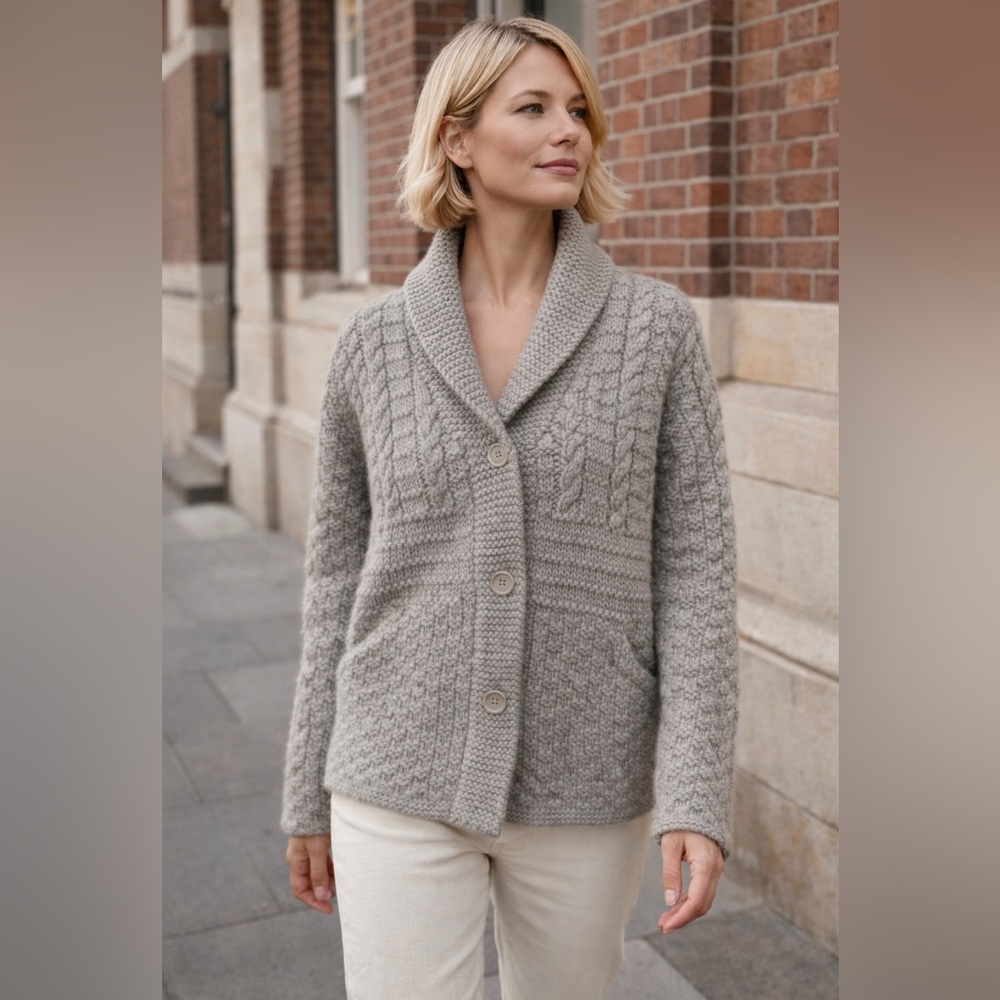 J.Crew 100% Wool Shawl Collar Cardigan Gray Chunky Knit Size XL Fits M Read